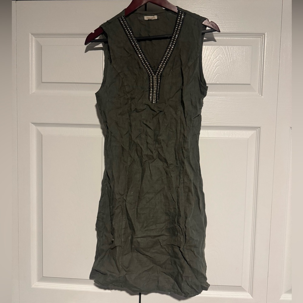 Lina Tomei Sleeveless Olive Linen Dress with Crystal Neckline
